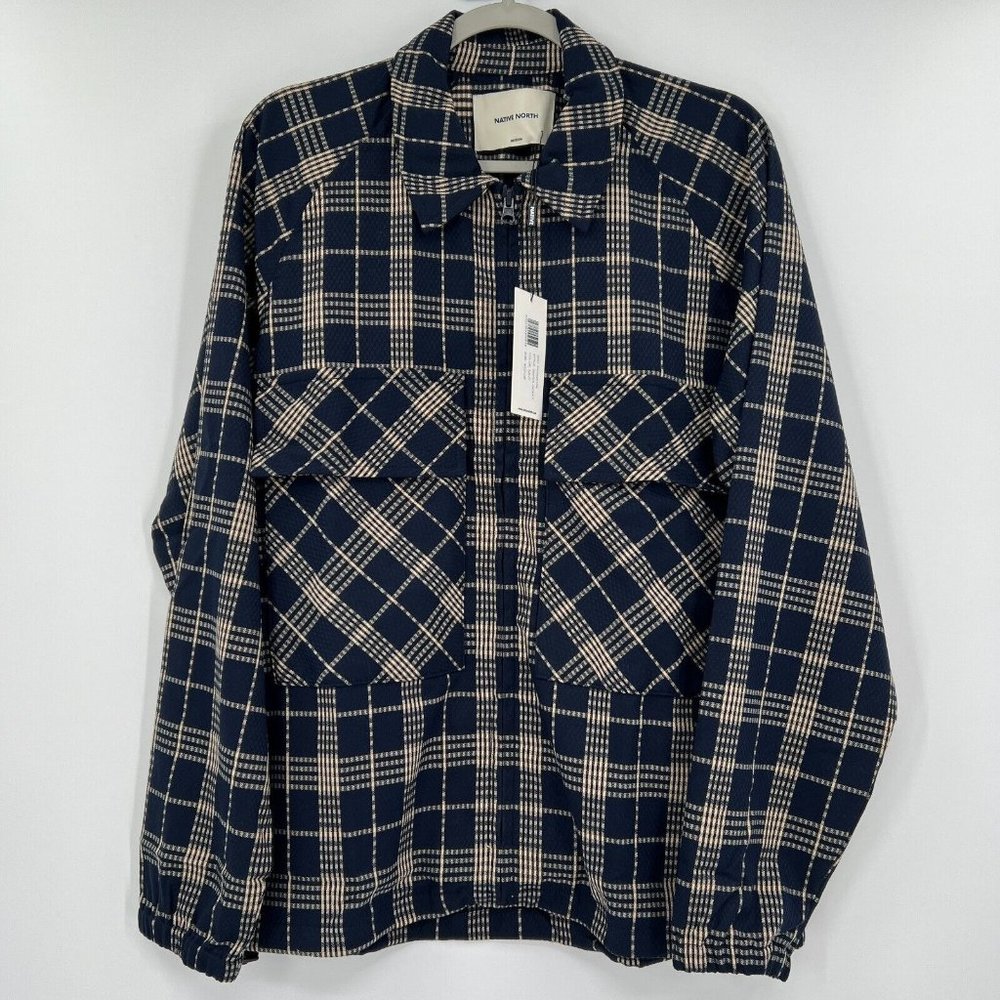 Native North Men's Gofer Shirt Jacket Full Zip Plaid Pockets Navy Blue/Yellow M